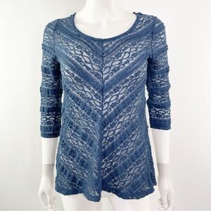 Lilka Anthropologie Blue 3/4 Sleeve Lace Sheer Shirt Top Small Size XS
